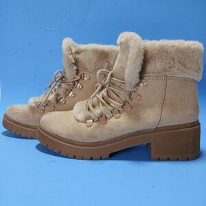 A New Day Tan Suede Faux Fur Lined Ankle Boots, Size 9M, Chunky Rubber Heel/Sole